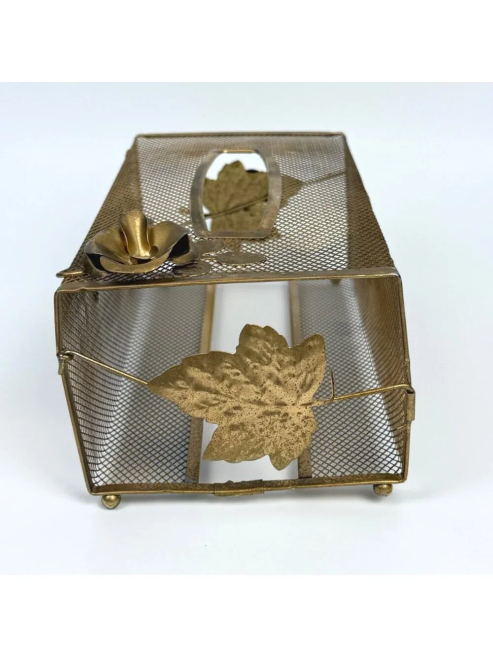 Vintage Hollywood Regency-Style Tissue Box Cover Brass Metal Mesh Floral & Leaf